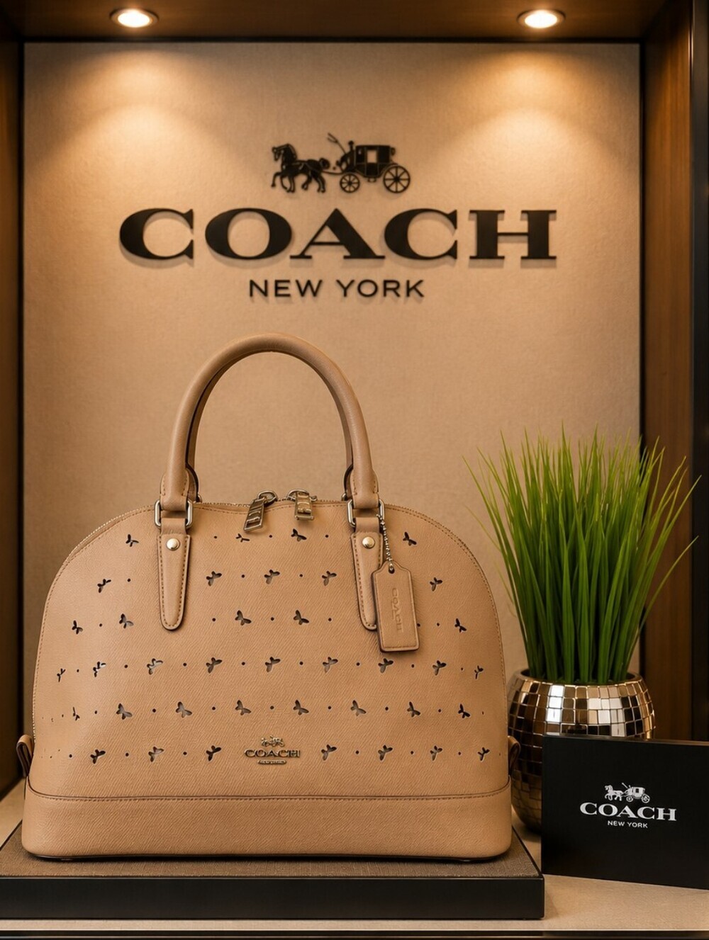 Coach Sierra Satchel Butterflies Perforated Beechwood Beige Hand Bag